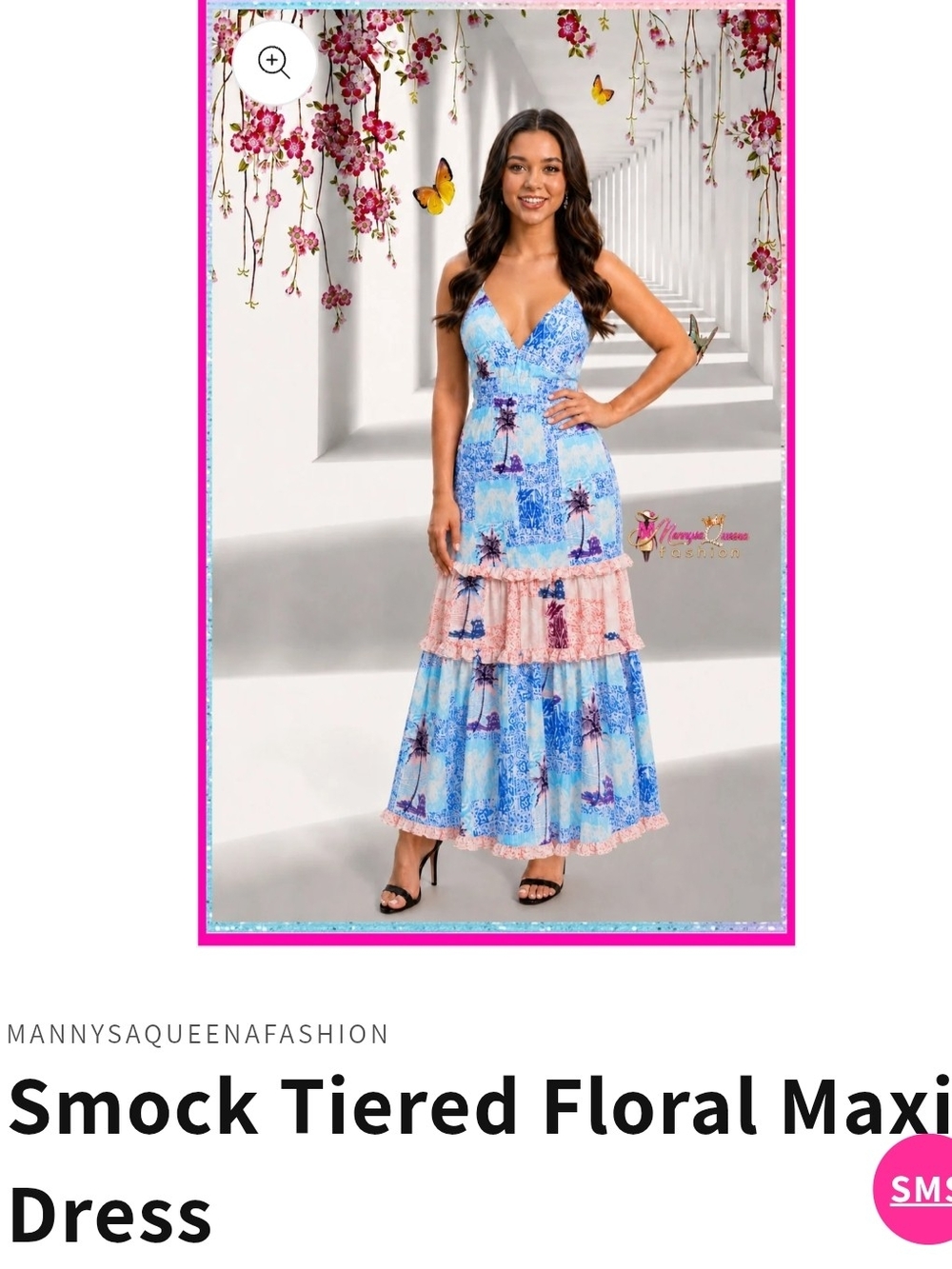 Floral Smocked Tiered Maxi Dress - Blue & Pink large NWOT